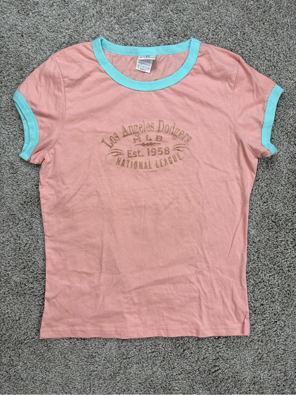 Genuine Merchandise Pink Ringer Tee with Aqua Trim and Team Script